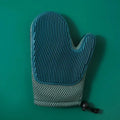 Blue floating hair removal gloves for dogs and cats, with bath massage grooming tool, designed for pet grooming and shedding control.