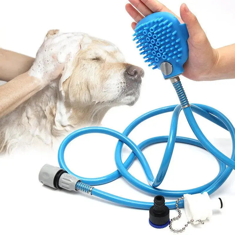 Blue Pet Bath Brush and Outdoor Shower for dogs and cats, 2.5m reach, silicone and ABS materials, garden bath tool.
