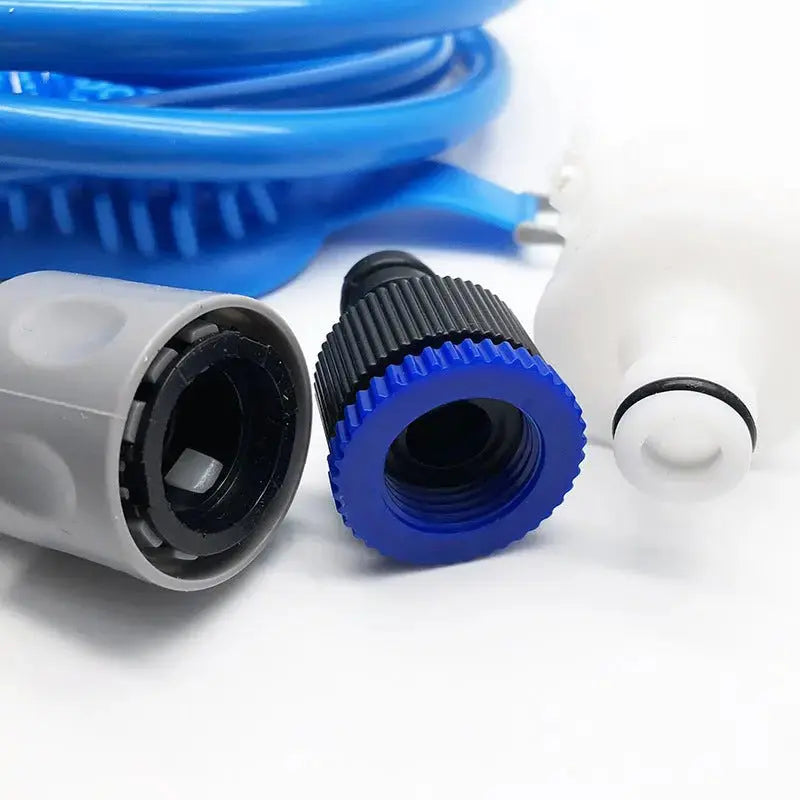 Blue pet bath brush and outdoor shower tool for dogs and cats with 2.5m reach, made of silicone and ABS for garden bathing.