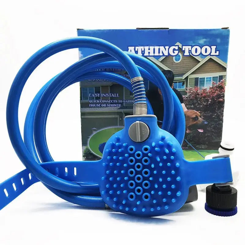 Blue pet bath brush and outdoor shower tool with 2.5m reach, made of silicone and ABS for dogs and cats.