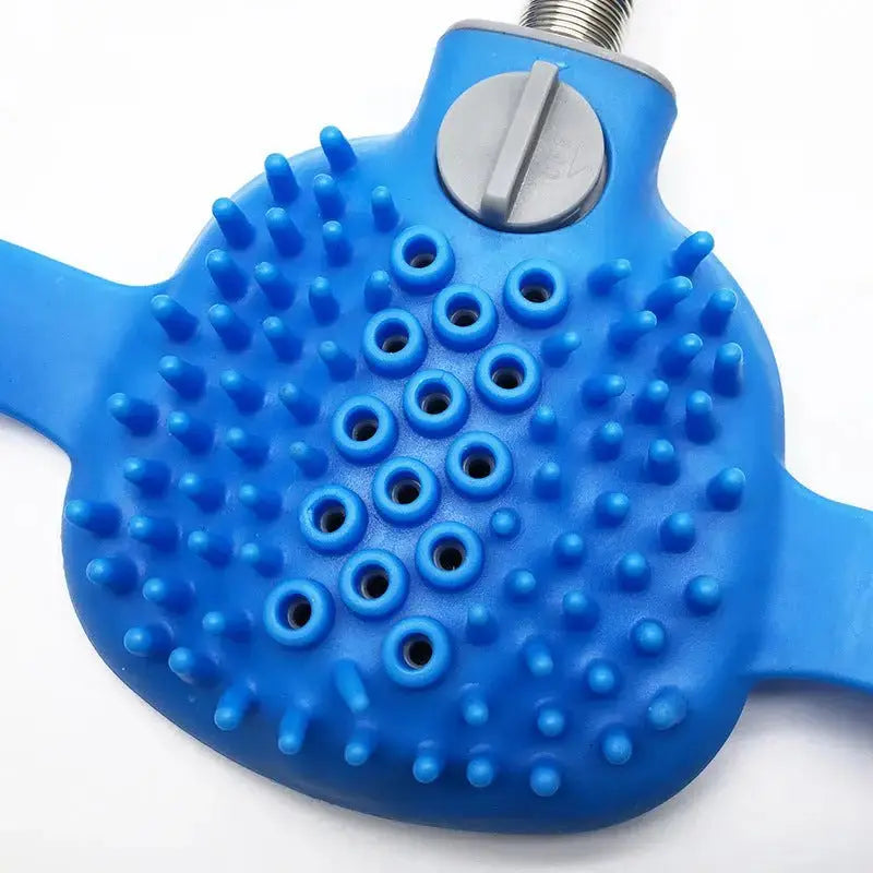 Blue pet bath brush and outdoor shower tool with 2.5m reach, silicone and ABS construction for dogs and cats.
