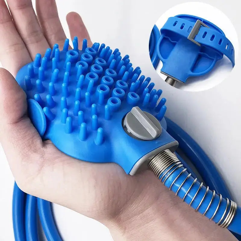 Blue pet bath brush and outdoor shower tool for dogs and cats with 2.5m reach, made of silicone and ABS plastic.