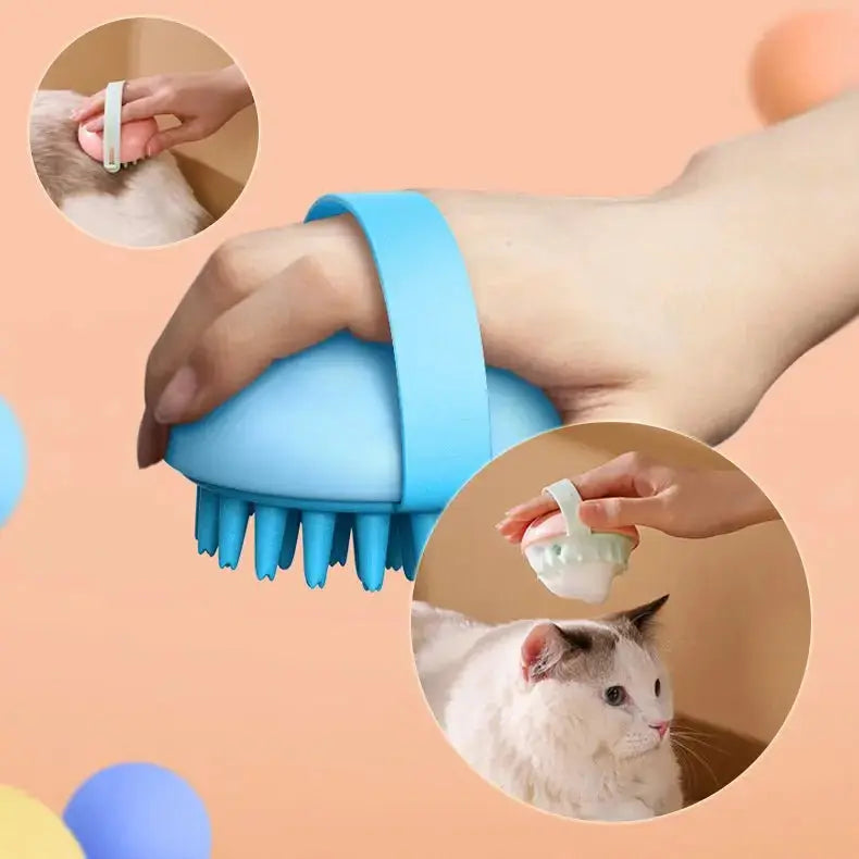 Blue pet silicone bath brush for cats and dogs, gentle massaging grooming tool for soft fur, from Nick's Super Store.