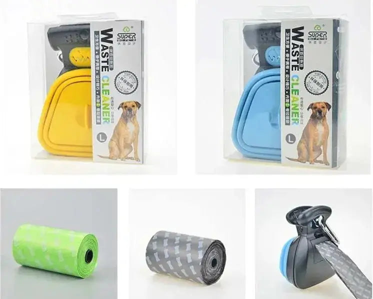 Blue foldable dog pooper scooper from Nick's Super Store with biodegradable bags, designed for easy one-hand cleanup during travel.