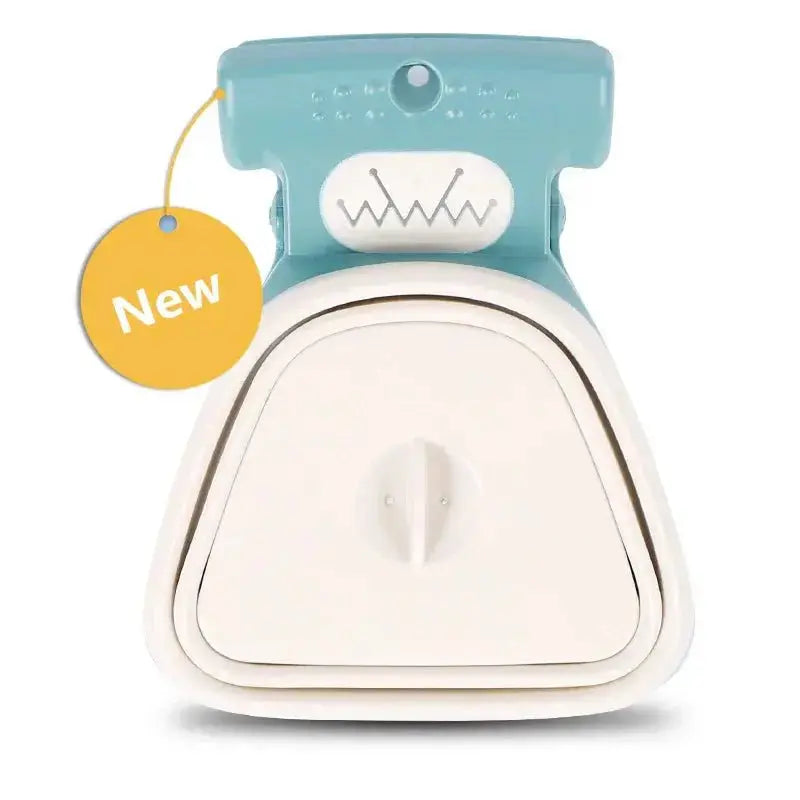 Foldable blue dog pooper scooper by Nick's Super Store with biodegradable bags, designed for easy one-hand cleanup during travel.