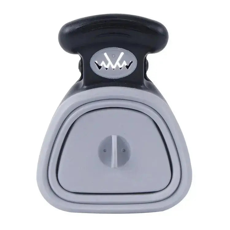 Foldable blue dog pooper scooper by Nick's Super Store with biodegradable bags, designed for easy one-handed cleanup during travel.