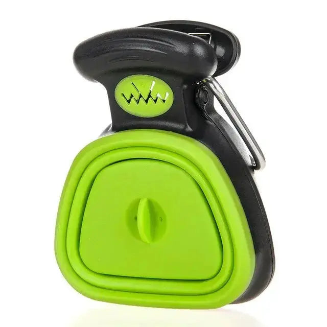 Blue foldable dog pooper scooper by Nick's Super Store with biodegradable bags, designed for easy one-hand cleanup during travel.