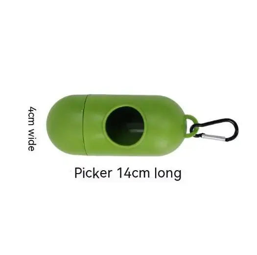 Army green biodegradable pet waste bags with dispenser, shown in a boxed set of 12 rolls, made from HDPE for eco-friendly cleanup.