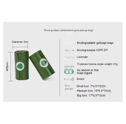 Army green biodegradable pet waste bags with dispenser, shown in open box with multiple rolls of HDPE bags for outdoor use.