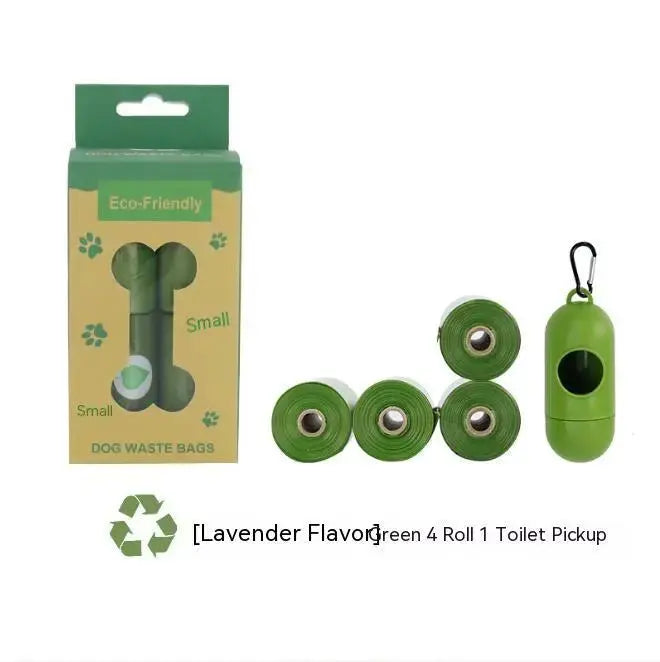 Army green biodegradable pet waste bags with dispenser, shown in a boxed set with 12 rolls of HDPE waste bags.