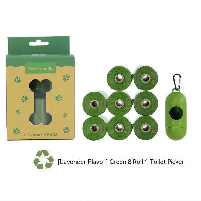 Army green biodegradable pet waste bags with dispenser, shown with multiple rolls in HDPE packaging, from Nick's Super Store.