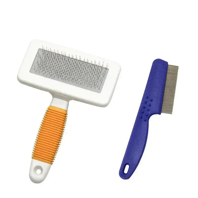 Pet grooming tools set with brushes, combs, and scissors from Nick's Super Store for grooming cats and dogs.
