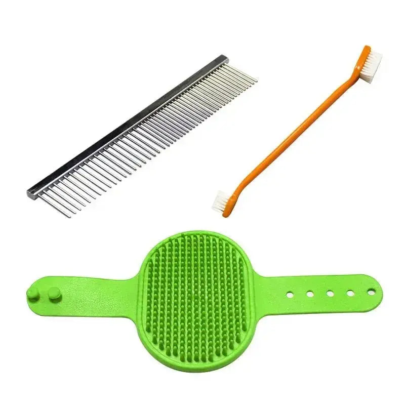 Pet grooming tools set from Nick's Super Store, including brushes and combs for dogs and cats, displayed on a clean surface.
