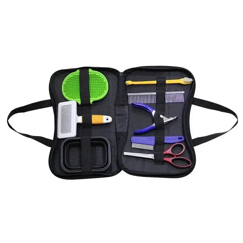 Pet grooming tools set including brushes and scissors, designed for dogs and cats, with ergonomic handles and stainless steel blades.