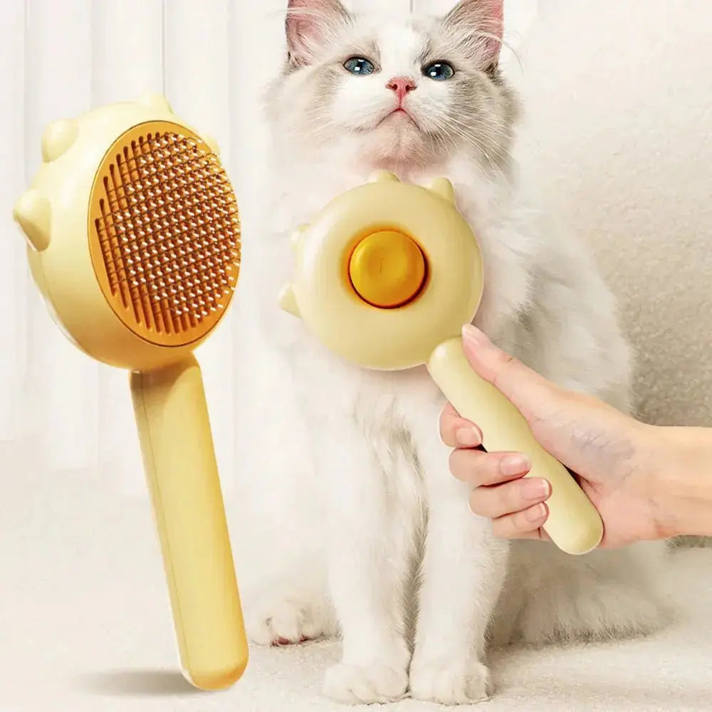 Green cat and dog grooming brush with massage teeth and stainless steel comb for pet hair removal and cleaning.