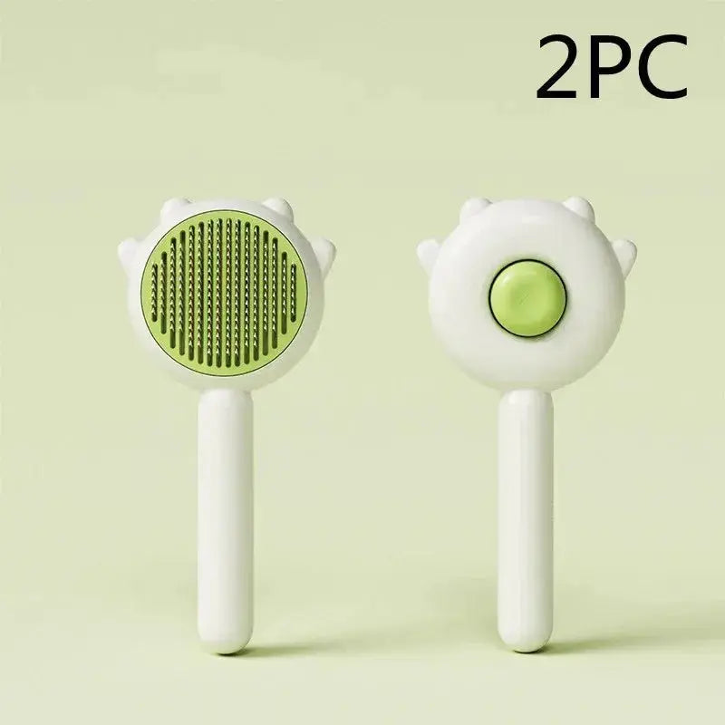 Green cat and dog grooming comb with massage and hair removal features, made of ABS and stainless steel for effective pet grooming.