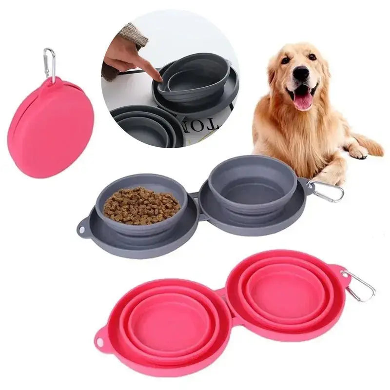 Foldable grey dog feeding bowl from Nick's Super Store, portable pet water and food bowl for travel and outdoor use.