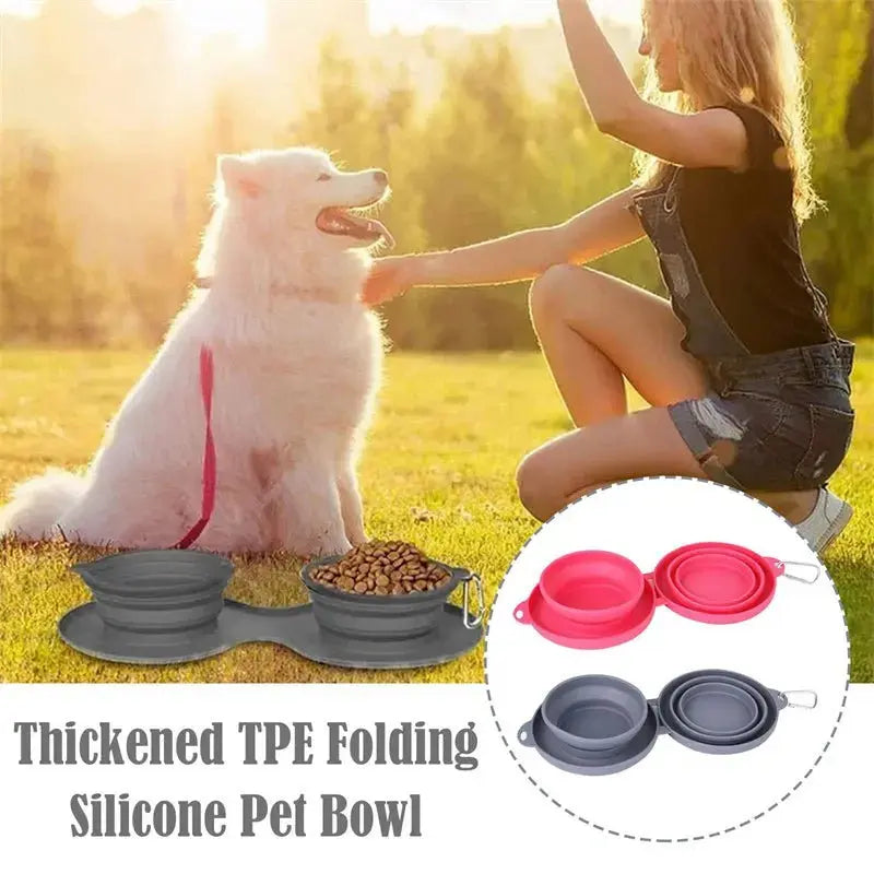 Grey foldable dog feeding bowl from Nick's Super Store, portable pet bowl for travel and outdoor use.