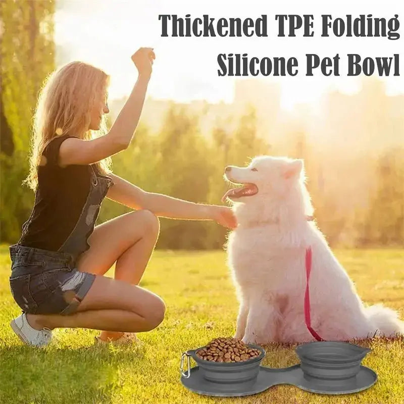 Gray foldable dog feeding bowl from Nick's Super Store, portable pet accessory for convenient feeding on the go.