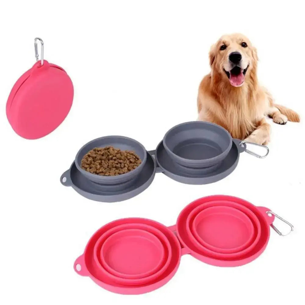 Foldable grey dog feeding bowl from Nick's Super Store, portable pet bowl for travel and outdoor use.