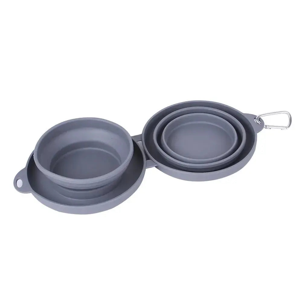 Gray foldable dog feeding bowl by Nick's Super Store, portable pet bowl for easy feeding on the go.