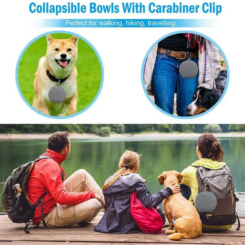 Foldable rubber dog and cat feeding bowls by Nick's Super Store, double-bowl design for easy pet feeding on the go.
